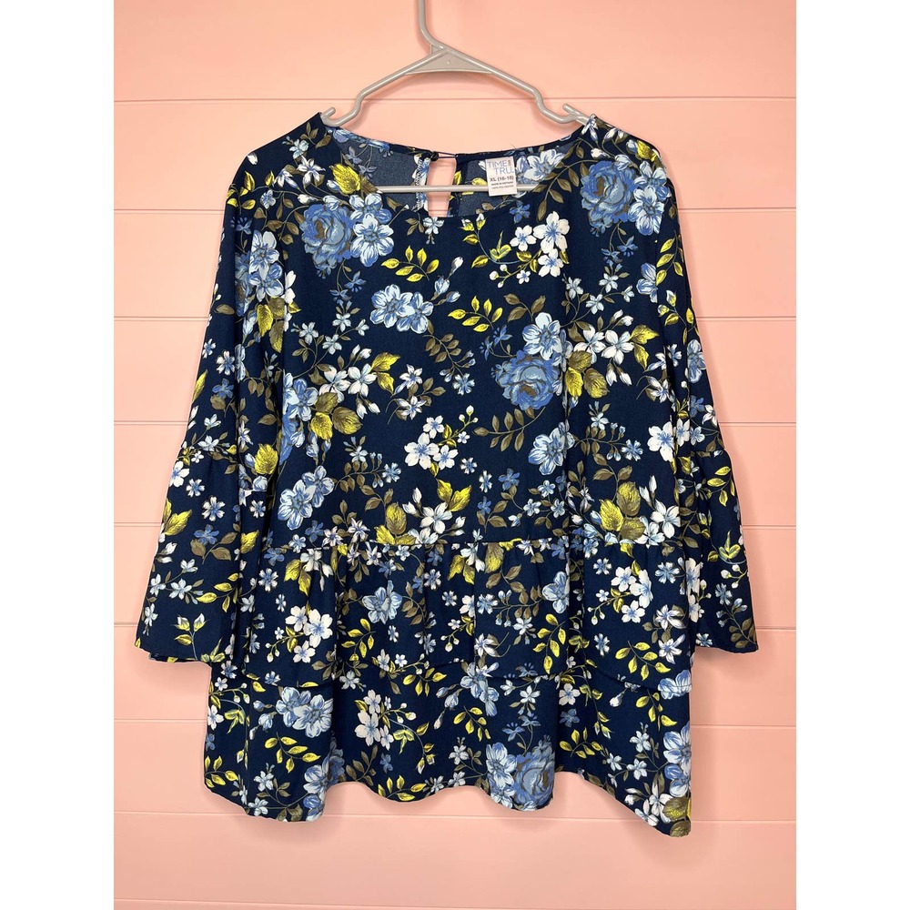 Time and Tru Floral Blouse - Blue and Green